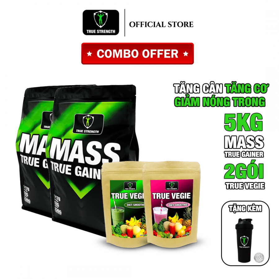 [FREE SHIP] Combo 5kg Mass True Gainer và 2 gói True Vegie (Tặng Kèm Bình Lắc) - Tăng Cân - Tăng Cơ - Giảm Nóng Trong